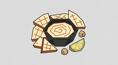 A bowl of dip with a spiral swirl on top, surrounded by pieces of flatbread, a lemon wedge, and two small round beans.