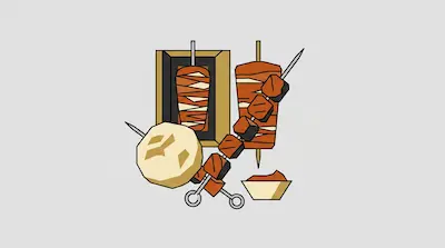 Flat illustration of various kebabs including a vertical rotisserie, meat skewers, and pita bread on a gray background