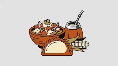 Flat illustration of a bowl of stew, an empanada, a corn cob, and a mate gourd with a straw on a gray background