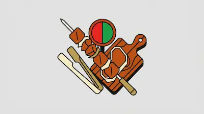 Flat illustration of a meat skewer, wooden cutting board, and metal tongs on a light gray background