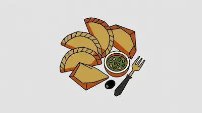 Flat illustration of golden empanadas, a bowl of green salsa, and a small fork on a light gray background