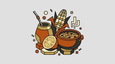 A gourd cup with a metal straw, an ear of corn, a halved lime, and a clay pot of bean stew.
