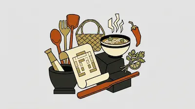 Flat illustration of a steaming noodle bowl, a mortar and pestle, and kitchen utensils on a light grey background
