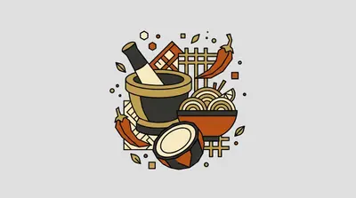 A mortar and pestle, a bowl of noodles with a lime wedge, two chili peppers, and a halved coconut.