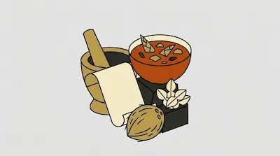 Flat illustration of a mortar and pestle, a bowl of soup, and a coconut on a plain light background