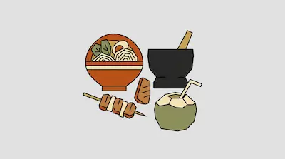 Flat illustration of a ramen bowl, a meat skewer, and a coconut drink with a straw on a light gray background