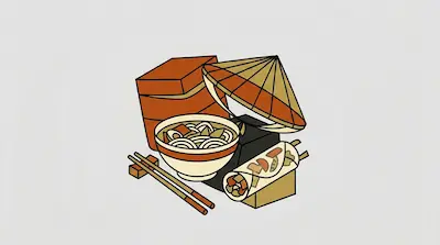 Flat illustration of a bowl of ramen, chopsticks, and a conical hat in orange and tan tones on a gray background
