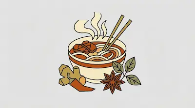 Flat illustration of a steaming bowl of ramen with chopsticks, ginger root, and star anise on a light gray background