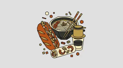 A bowl of noodle soup with chopsticks, a filled baguette, a coffee drip filter on a glass, and a shrimp spring roll.
