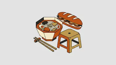 Flat illustration of a bowl of ramen with chopsticks, a banh mi sandwich, and a plastic stool on a grey background