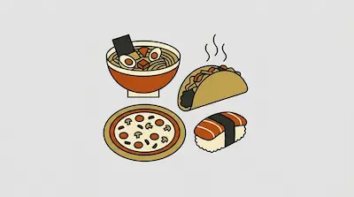 Flat illustration of a bowl of ramen, a pepperoni pizza, a taco, and a piece of salmon nigiri on a grey background