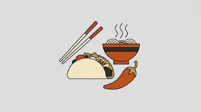 Flat illustration of a taco, a steaming bowl of noodles with chopsticks, and a chili pepper on a grey background