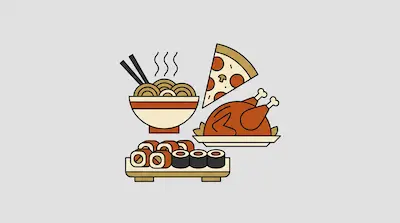 Flat illustration of a bowl of noodles, a slice of pizza, a roasted turkey, and sushi rolls on a gray background