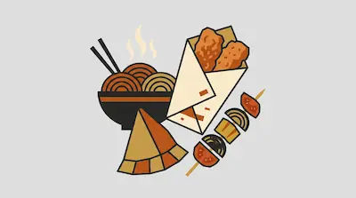 Flat illustration of a bowl of noodles with chopsticks, a fried chicken wrap, and a vegetable skewer on a grey background