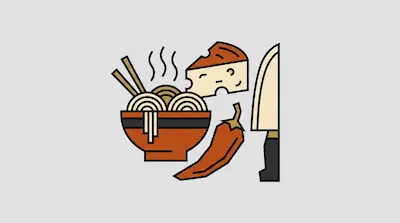 Flat illustration of a steaming bowl of noodles with chopsticks, a wedge of cheese, a chili pepper, and a chef knife