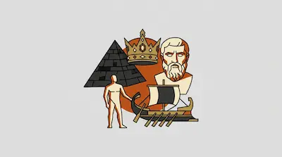 Flat illustration of a pyramid, a philosopher bust, a crown, and a galley ship arranged over an orange circle