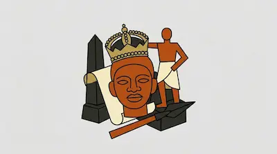 Flat illustration of a crowned head, an obelisk, and a human figure in a loincloth on a light gray background