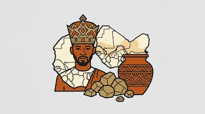 Flat illustration of a man in a crown with a clay pot, gold nuggets, and a map of Africa on a light gray background