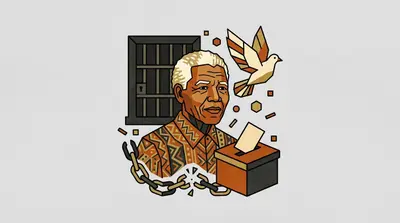 An elderly white-haired man in a patterned shirt before a barred cell door, with a dove, a broken chain and a ballot box.