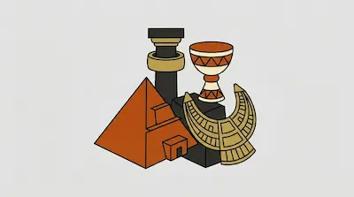 Flat illustration of an Egyptian pyramid, a golden collar, and a patterned chalice on a light gray background