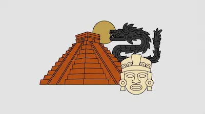 Flat illustration of a stepped pyramid, a feathered serpent, and a stone mask on a light gray background