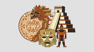 Flat illustration of an Aztec calendar, a feathered serpent, a stone mask, and a step pyramid on a gray background