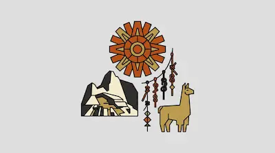 Flat illustration of a stylized sun, a llama, and a mountain range with ancient ruins on a light gray background