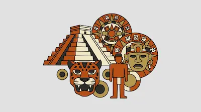 Flat illustration of a stepped pyramid, a jaguar head, and a human figure with circular calendars on a gray background