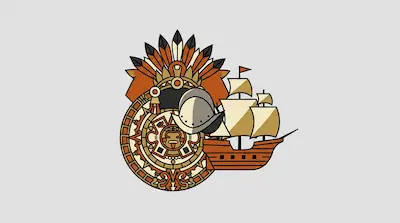Flat illustration of an Aztec sun stone, a feathered headdress, a conquistador helmet, and a wooden sailing ship