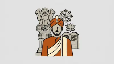 Flat illustration of a man in a turban with the Lion Capital of Ashoka and a lotus flower on a gray background