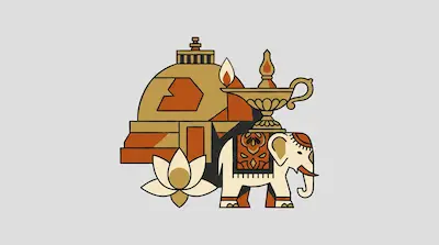 Flat illustration of a white elephant, a lotus flower, and a golden stupa on a light grey background