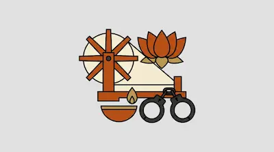 Flat illustration of a wooden spinning wheel, a lotus flower, and a pair of handcuffs on a light gray background