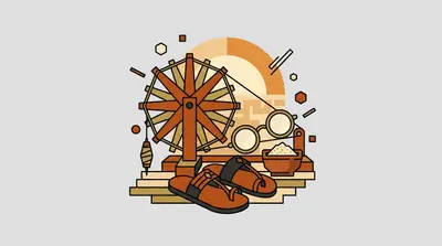 A wooden spinning wheel, round wire-rimmed glasses, a pair of leather sandals, and a clay bowl of salt before a rising sun.