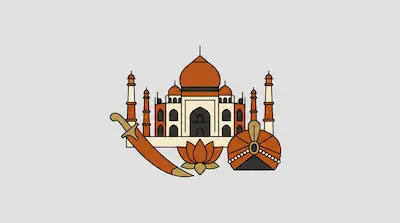 Flat illustration of a domed palace, a curved sword, a lotus flower, and a turban on a light gray background