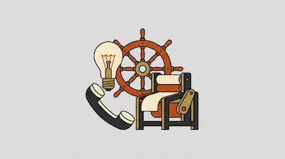 Flat illustration of a lightbulb, a wooden ship wheel, a telephone receiver, and a printing press on a gray background