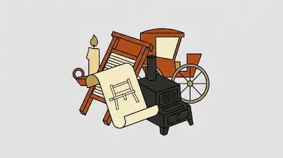 Flat illustration of a washboard, a wood stove, a candle, and a horse carriage on a light gray background
