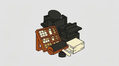 Flat illustration of a printing press, a wooden type case, an ink brayer, and a stack of paper on a gray background