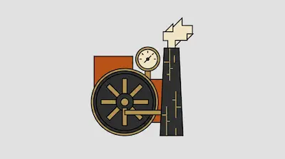 Flat illustration of a mechanical engine with a large wheel, a pressure gauge, and a smoking chimney on a gray background