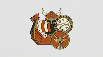 Flat illustration of a Viking longship, a horned helmet, and a wooden shield with runic symbols on a gray background