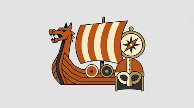 Flat illustration of a Viking longship with a dragon head, a striped sail, a compass, and a helmet on a gray background