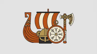 Flat illustration of a Viking longship, a runic compass, a helmet, and a decorative axe on a light gray background