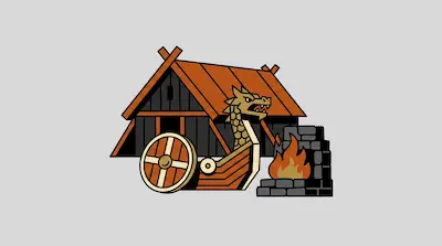 Flat illustration of a Viking longhouse, a dragon-headed ship, and a stone hearth with fire on a gray background