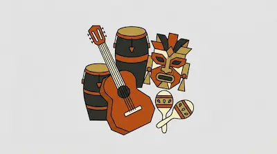 Flat illustration of a guitar, conga drums, maracas, and a tribal mask in earth tones on a light gray background