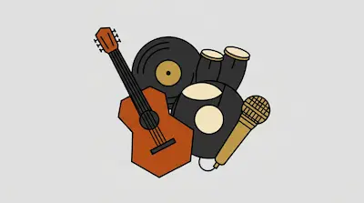 Flat illustration of a brown guitar, a gold microphone, and black vinyl records clustered on a light gray background