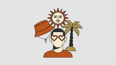 Flat illustration of a man in heart glasses surrounded by a sun with a face, a bucket hat, and a palm tree.