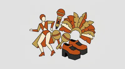Flat illustration of a dancer, maracas, and a feathered headdress in orange and gold tones on a gray background