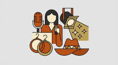 Flat illustration of a female singer with a microphone, a cowboy hat, and a spotlight on a grey background
