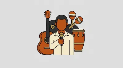 Flat illustration of a singer with a microphone surrounded by a guitar, conga drum, and maracas on a gray background