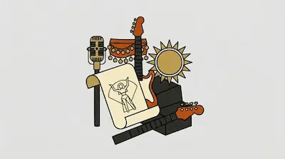 Flat illustration of a microphone, electric guitars, and a sun icon with a scroll showing a dancer on a gray background