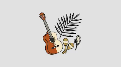 Flat illustration of an acoustic guitar, two maracas, a microphone, and a palm leaf on a light gray background